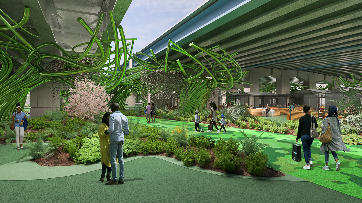 concept art of greenery and people walking in a space under a florida highway